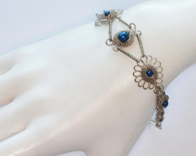 Silver Filigree Bracelet Bright Blue Beads Vintage