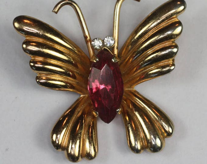 Small Dark Pink Rhinestone Butterfly Pin Signed Coro Vintage