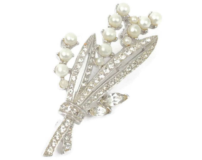 Simulated Pearl and Rhinestone Brooch Floral Design Silver Tone Vintage