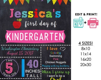GIRLS editable printable First day of school sign | any grade DIY chalkboard poster Instant download 16x20 or 11x14 or 20x30 8x10