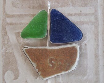 Sea Glass Pendant - Bright Green, Cobalt Blue Sea Glass and Pottery Shard Sterling Pendant Necklace