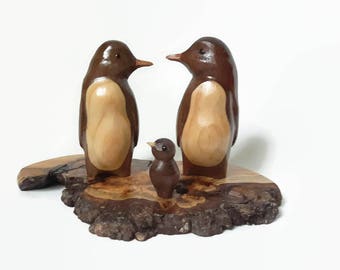 Penguin Family of 3, Wood Carving, 5th Anniversary, New Baby Gift, Wood Anniversary, Free Shipping