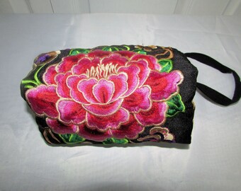 Vintage Peony and Rabbits Cloth Embroidered Pouch, Clutch or Cosmetics Bag