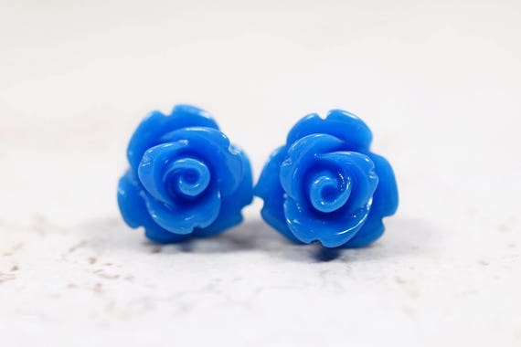 Royal Blue Rose Earrings Blue Flower Studs Sapphire Blue