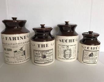 VTG Ye Olde Canadian Crock Prints Abenakis Beauce French Kitchen Canisters Jars