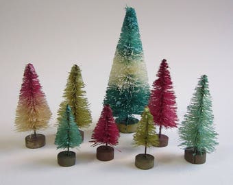 8 miniature bottle brush trees - PINK AQUA and GREEN - miniature sisal trees, putz village trees - vintage inspired bottlebrush trees