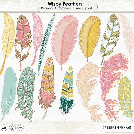 Aztec Feather ClipArt, Hand Drawn Tribal Clip Art, Girl Graphics, Pink, Teal & Yellow Feather Silhouette, DIY Trendy Digital Image Il_570xn