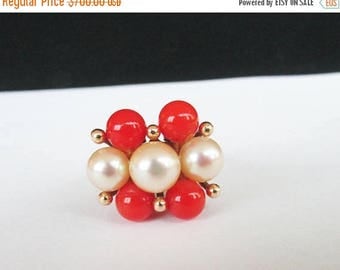 For Sale Vintage Estate Ming's of Honolulu Red Coral with High Luster White Pink Toned Pearl Ring