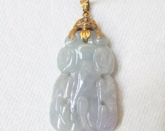 On Sale Vintage Estate 14KT Carved Green Lavender Blue Jade Pendant