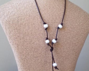 SUMMER SALE 25% OFF Leather Cord and Pearl Necklace, Pearls and Leather, Leather and Pearls, Large Hole Pearls, Freshwater Pearls, Brown Lea