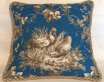 Country French Cottage Rooster Pillow Provence Blue Ivory Toile Hens Americana