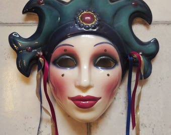 Clay Art Ceramic Face Wall Mask, Art Deco Face, Fancy Jester Wall Hanging,