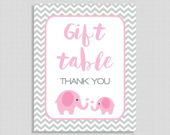 Gift Table Sign, Pink Elephant Baby Shower Gift Table Sign, Grey Chevron, 2 Sizes, DIY Printable, INSTANT DOWNLOAD