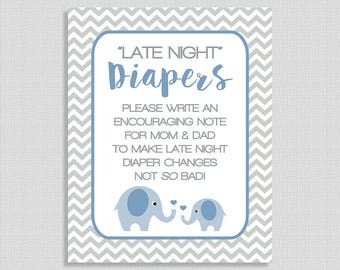 Late Night Diapers Shower Game Sign, Blue Elephant Shower Sign, 2 Sizes, Grey Chevron, Baby Boy, DIY Printable, INSTANT DOWNLOAD