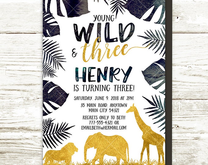 Jungle Safari Birthday Invitation, Lion Elephant Giraffe Animals Young Wild and Three Party, Tropical Gold Black Modern Printable Invitation