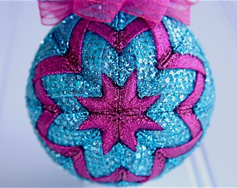 Quilted Christmas Ornament Ball/Pink and Aqua - Sea Princess