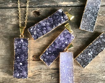 Druzy Bar Necklace, Drusy Necklace, Gemstone Necklace, Bar Necklace, Gemstone Bar Necklace, Druzy Quartz Jewelry, Raw Stone Necklace