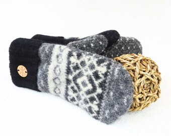 Wool Mittens CHARCOAL GRAY & BLACK Felted Sweater Wool Mitts Fair Isle Sweater Wool Gloves Fleece Lined Gift for Men or Women by WormeWoole