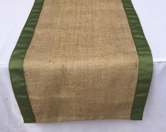 Burlap Table Runner with Moss Green Ribbon, READY to SHIP, on SALE, Wedding, Shower, Party, Home Decor