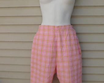 Birthday Sale Vintage Pink and Green Plaid High Waisted Preppy Long Shorts