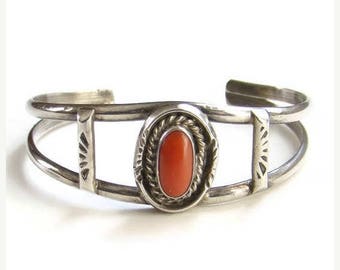 ON SALE Vintage Native American Red Coral Cuff Bracelet Sterling Silver Signed HJ