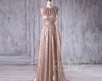 2017 Tan Ruched Bodice Bridesmaid Dress, Scoop Neck Sequin Wedding Dress, A Line Prom Dress, Luxury Ball Gown Floor Length (HQ353)
