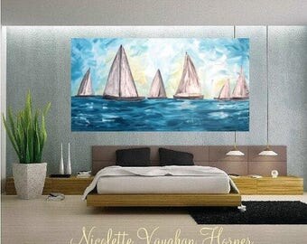SALE 48"x24"Oil seascape painting Abstract Original Modern Contemporary Yacht painting by Nicolette Vaughan Horner