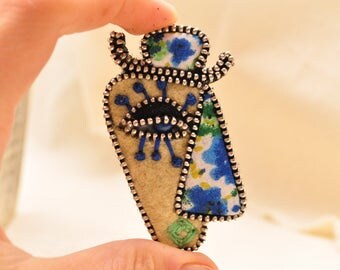 Whimsical wearable art Felt brooch Unique zipper pin Picasso zipper and wool brooch Blue and yellow whimsical art jewelry Embroidered brooch
