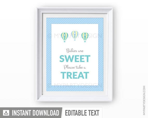 Hot Air Balloon Party - Take a Treat Sign - Editable Sign - Boy Baby Shower - Blue - INSTANT DOWNLOAD - Printable PDF with Editable Text Il_570xn