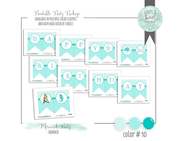 Mermaid Birthday Party DIY printable Banner. HAPPY BIRTHDAY with images for mermaid, seahorse turtle starfish. Multiple color options Il_570xn