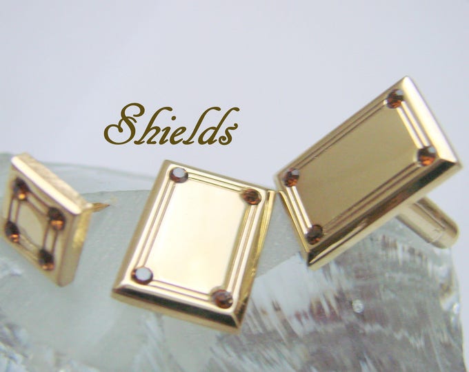 Modernist Vintage Designer Signed Shields Cuff Links & Tie Tack / Topaz Rhinestones / Wedding / Mens Dress Set / Suit Accessories