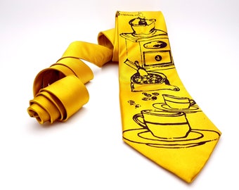 Coffee Tie Screen Printed Necktie Grains Grinder  Grinding Cup Mug Coffee Shop Warm Hot Beverage Morning Coffeehouse Cafe Employee Owner