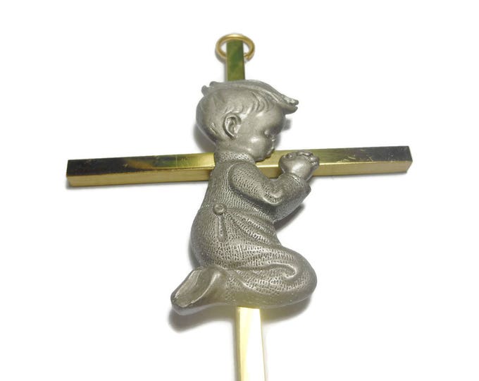 6in Gold Plated Brass Praying Boy Wall Cross, pewter boy in drop seat pajamas, old fashioned little boy cross