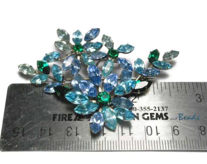 FREE SHIPPING Austrian rhinestone floral brooch/pendant, blue green stunning crystal brooch, made in Austria, vintage chain, something blue
