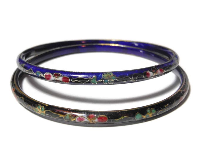 FREE SHIPPING Cloisonne bangle bracelets, set of two, black and blue bangles, floral pattern, silver edging, enamel finish, Chinese export