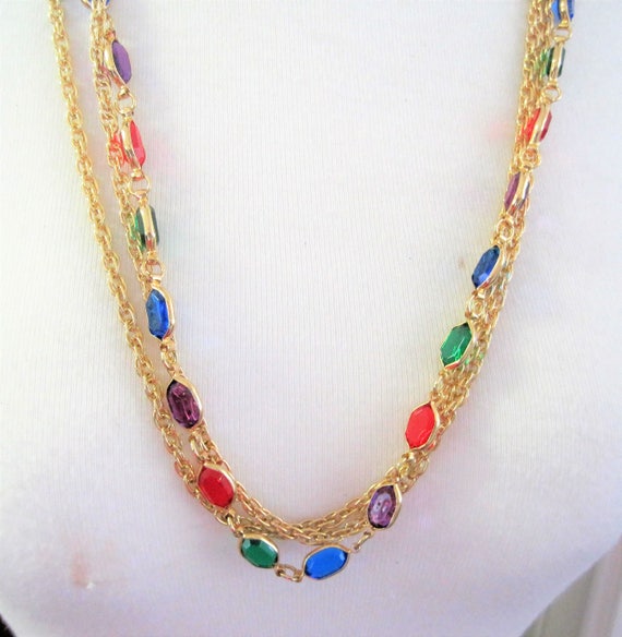 Bright Rhinestone Necklace - 3 Strand Necklace - Multicolor Bright Tones - Signed FI