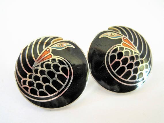 Laurel Burch Earrings - Mynah Bird - Signed Mynah - Black Background