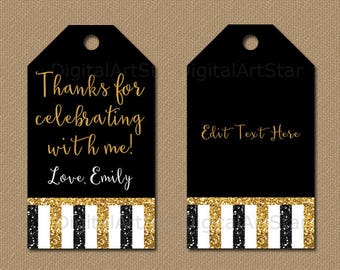 Birthday Glitter Tags, Black Gold Party Favor Tags, 50th Birthday Tags, Golden Anniversary Hang Tags, Printable Thank You Tag Template B4