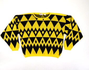 Vtg Black Yellow Geometric Charlie Brown Style Acrylic Knit Hip Hop Lisa Turtle Long Sleeve Pullover Friendship Sweater / Fits Lady M to Lg