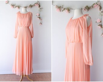 Vintage Peach Maxi Gown - Romantic 1970's Long Sleeved Maxi Dress with Pleated Skirt - Flowy Floor Length Dress - Size Small