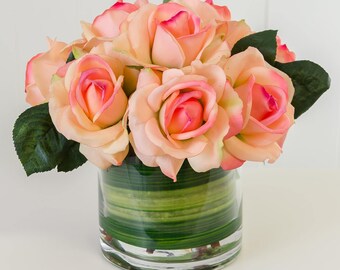 Large Real Touch Orange Rose Greenery Round Glass Artificial Faux Arrangement Silk Centerpiece or Orange Artificial Arrangement
