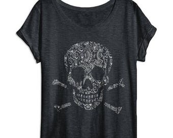 SUNDAY SALE Womens Skull Shirt - Aztec Pattern - Oversized - Off Shoulder - Dolman - Vintage Clothing - Skull and Bones - Ladies