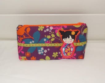 cute and girly pencil case / toiletry bag back to school for girl with kokeshi doll asian cat flowers washable