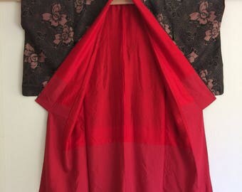 Vintage Japanese silk kimono, big flowers, with red lining