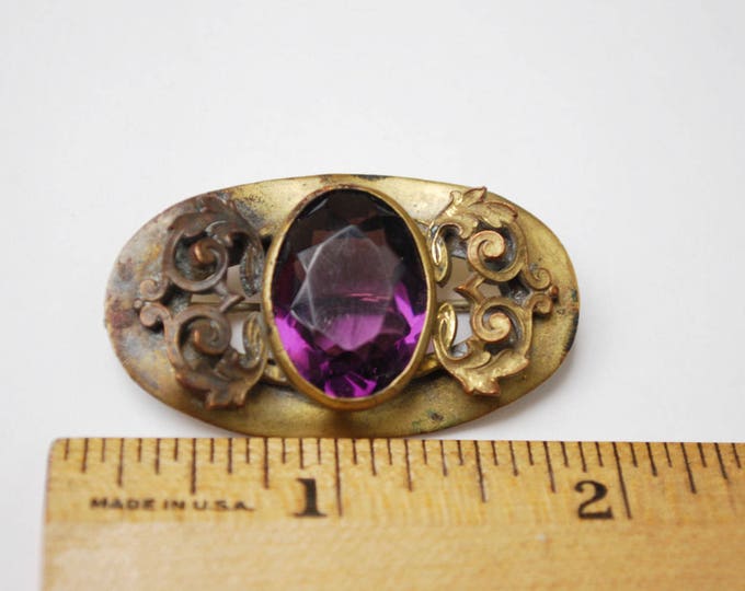 Victorian Bar Brooch -Purple Amethyst Glass - Gold filled - c-clasp - filigree leaf design