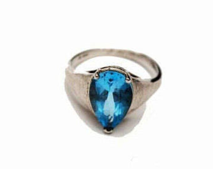 Blue topaz sterling Ring - Blue gemstone - Pear Shape - size 9 1/2 - Brushed silver - Gift for her
