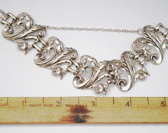 Sterling Panel link bracelet - floral flower - Open work silver - Art Nouveau style - 1 inch wide bracelet