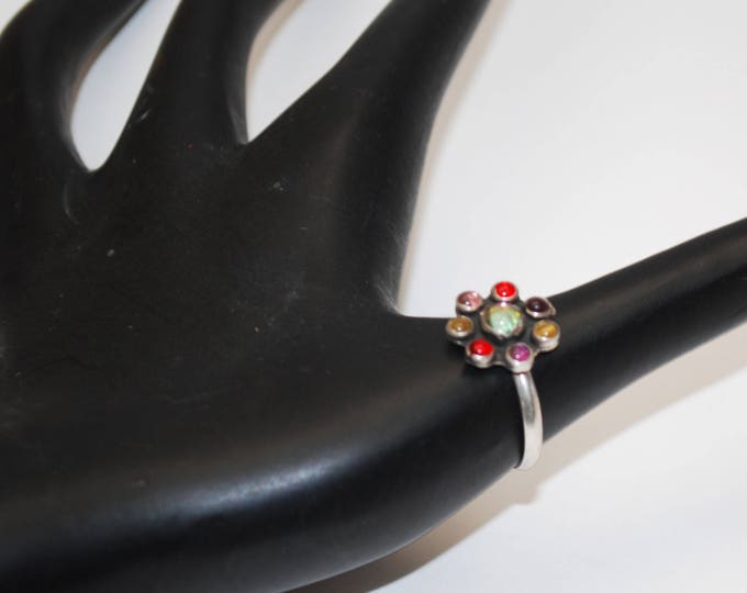 sterling Flower ring - colorful Art glass cabochons - size 8 1/2 - Mexico - sterling silver