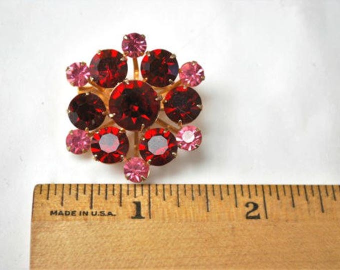 Coro Rhinestone Brooch - Ruby Red and Pink - Flower Floral - Atomic - mid Century pin