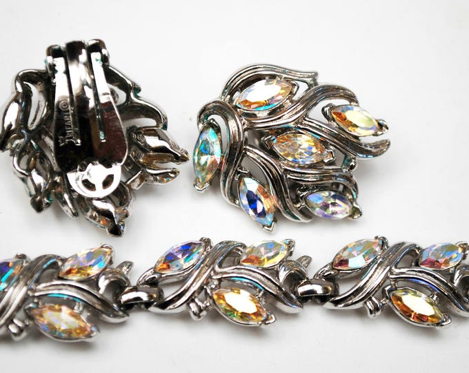 Trifari Rhinestone Necklace and Earrings set - Aurora Borealis -Silver - Mid Century